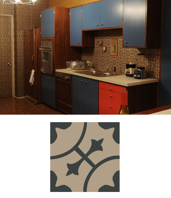 color block cabinets in don and megan draper's kitchen mad men