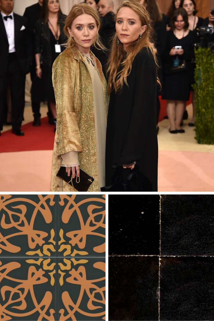 mary-kate and ashley olsen met gala 2016 dresses paired with cle tile terracotta zellige tile in "scribe's ink" and cafe de floor cement tile in black, curry, and riverclay