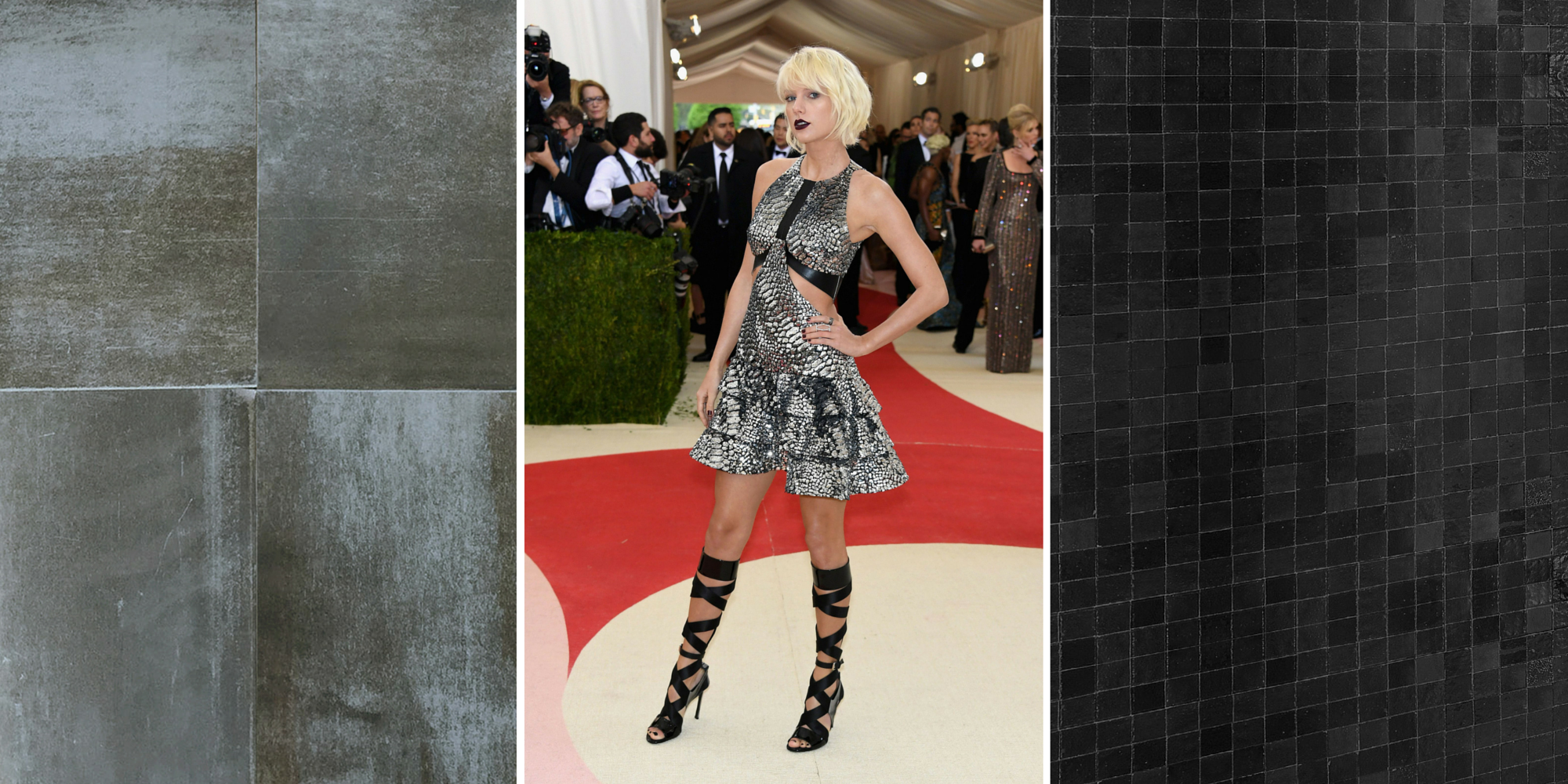 emma watson in calvin klein paired with "arc" cement tile in black and white. met gala 2016