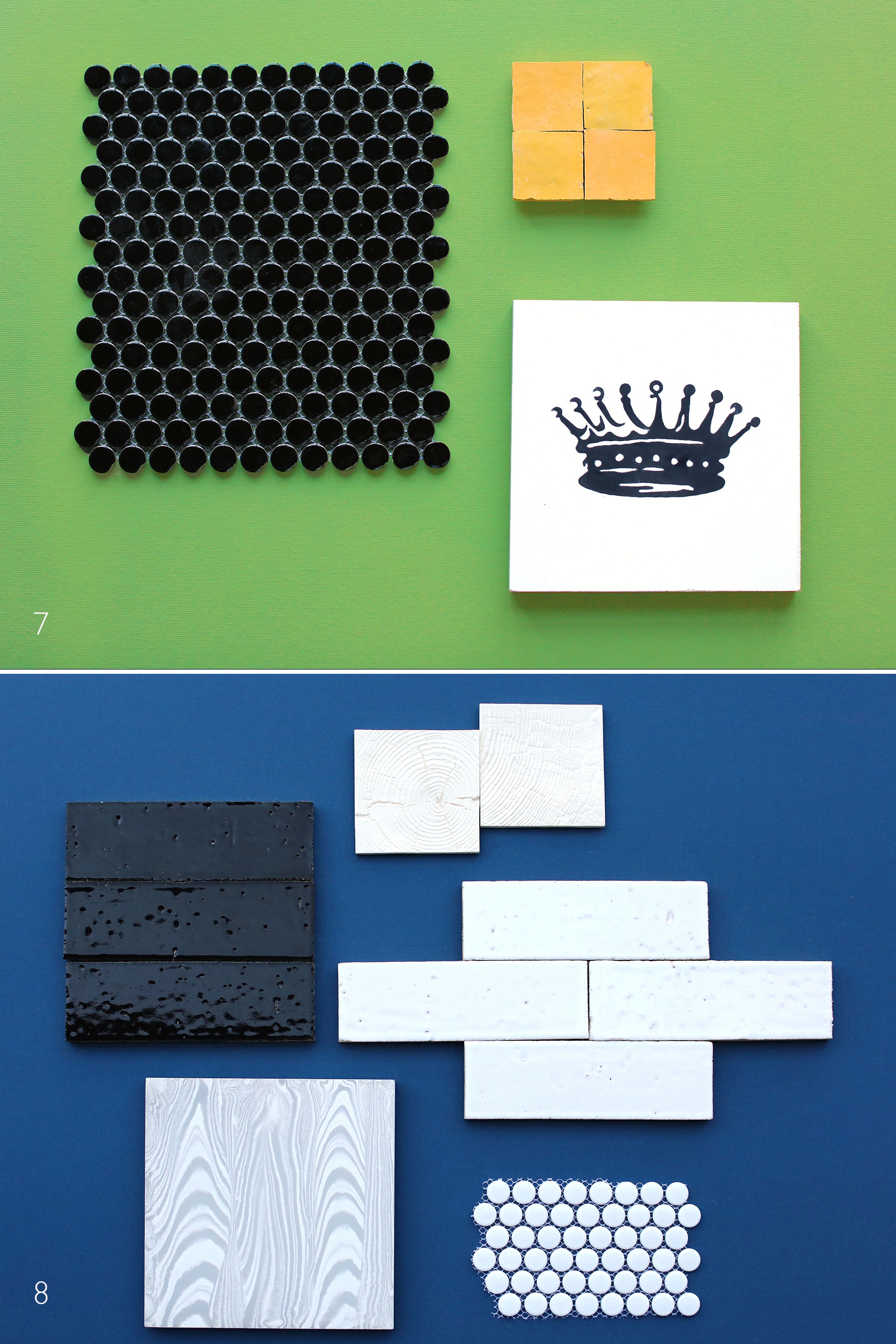 black_white_pennyrounds_zellige_glazedbrick_cementtile_hi_lo_pairing