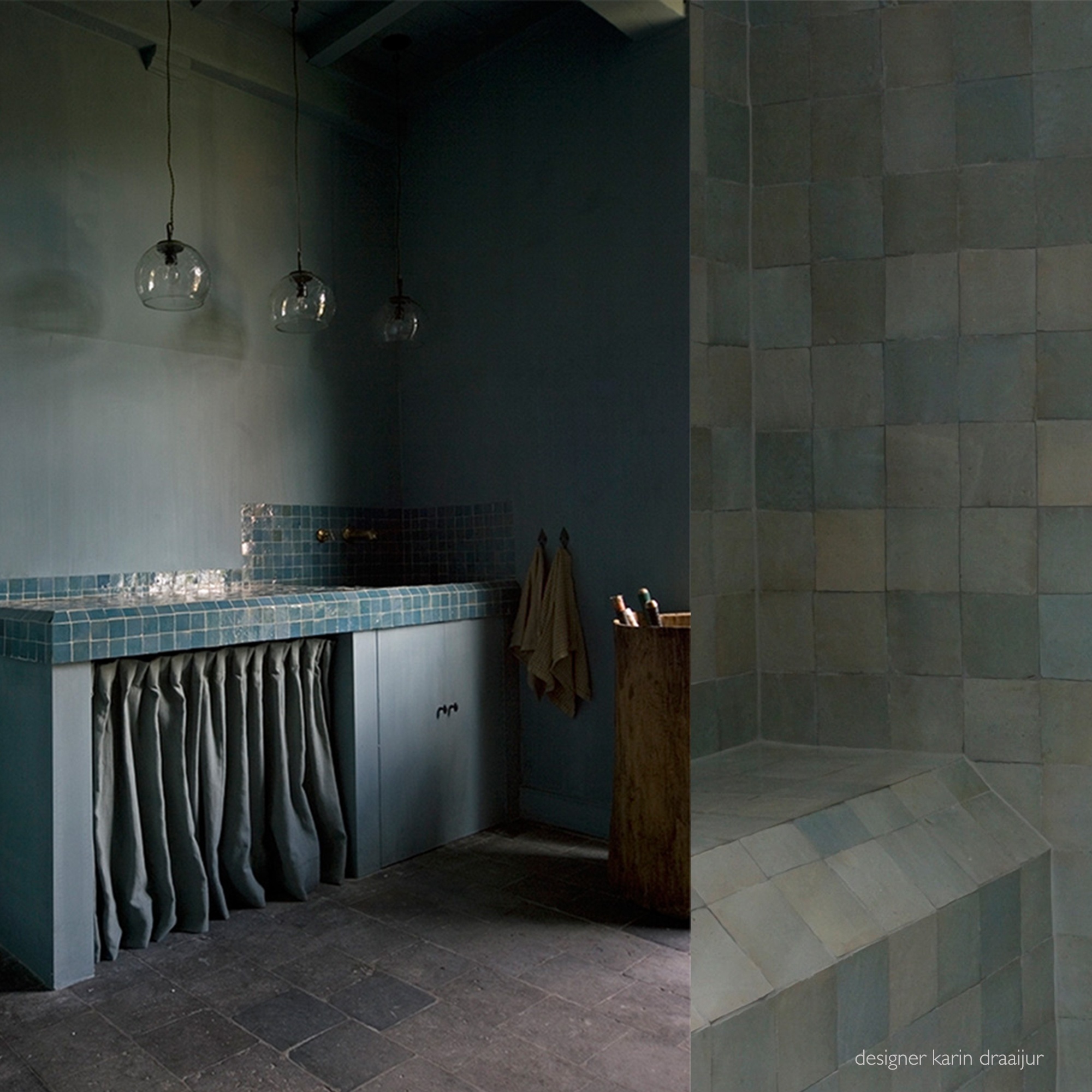karin draaijur designed bathroom - moroccan zellige in blue and green